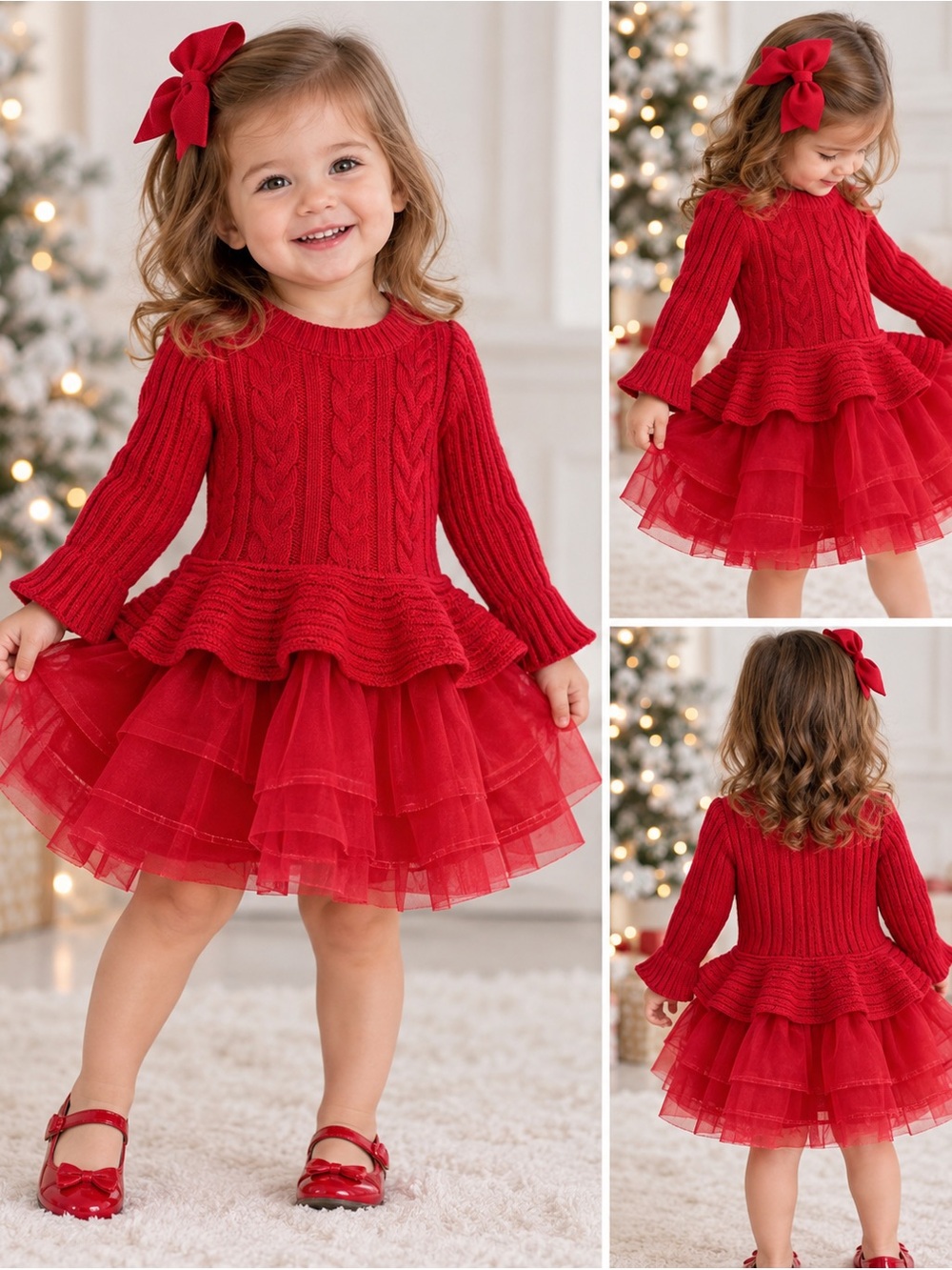 Bonnie Baby Red Cable Knit Tulle Dress Girls 24M Holiday Christmas